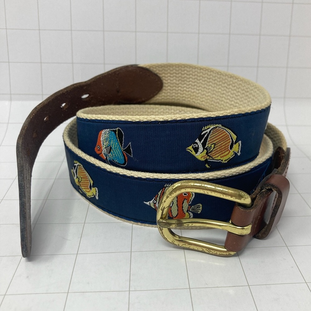 Vintage 90s EUC 40 tropical Fish belt boat yacht preppy style solid brass buckle